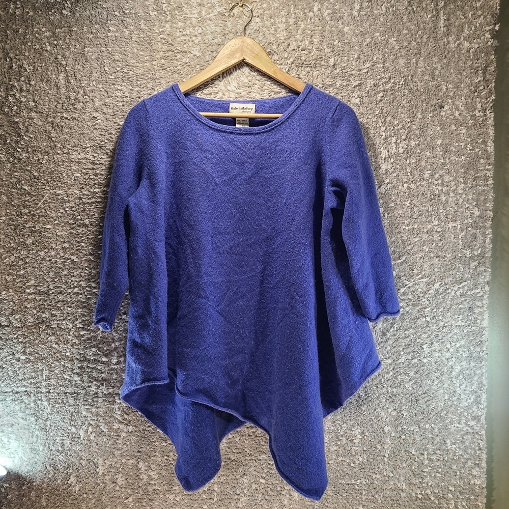 Kate & Mallory Designs Sweater Womens Blue Cashmere Asymmetrical Hem 3/4 Sleeve